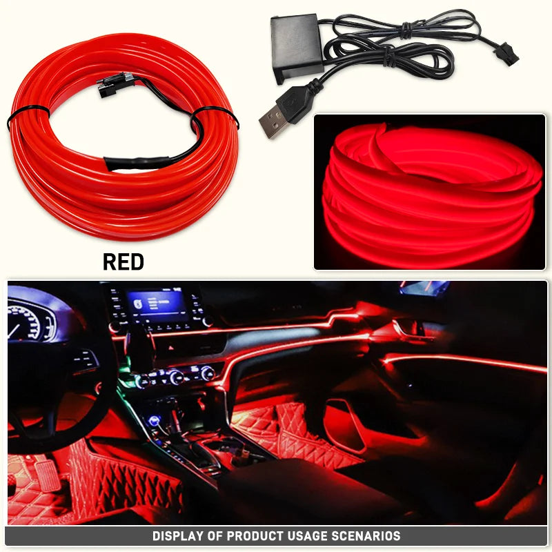 Red flexible USB LED neon strip used for car interior ambient lighting, showing installation and usage scenarios.