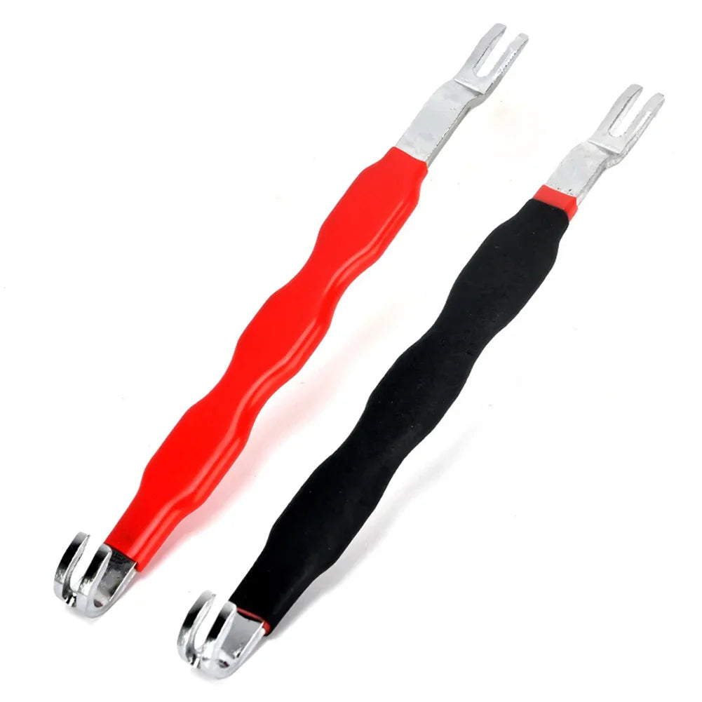 A pair of red and black automotive electrical terminal connector removal tools.