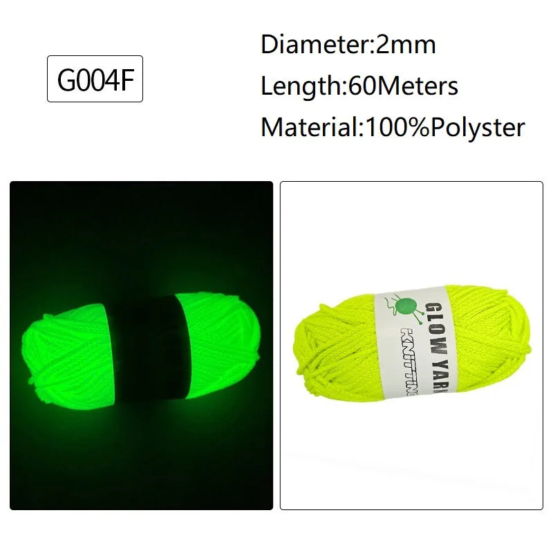 A spool of bright yellow glow-in-the-dark polyester yarn labeled G004F with a black core.