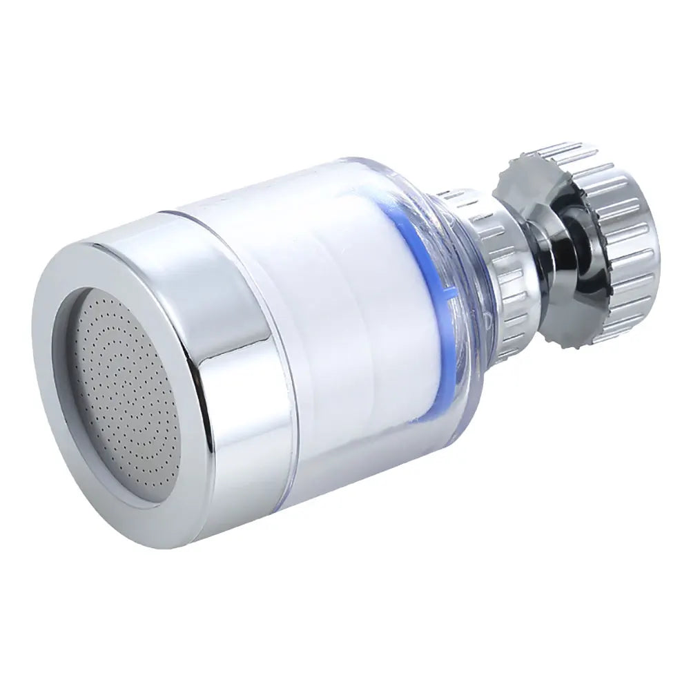 A chrome faucet water filter purifier with a rotating splash head and a perforated nozzle.