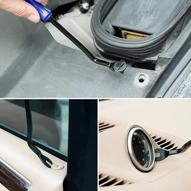 A hand uses a black trim removal tool to access a car interior component, shown alongside close-ups of the tool and its appli