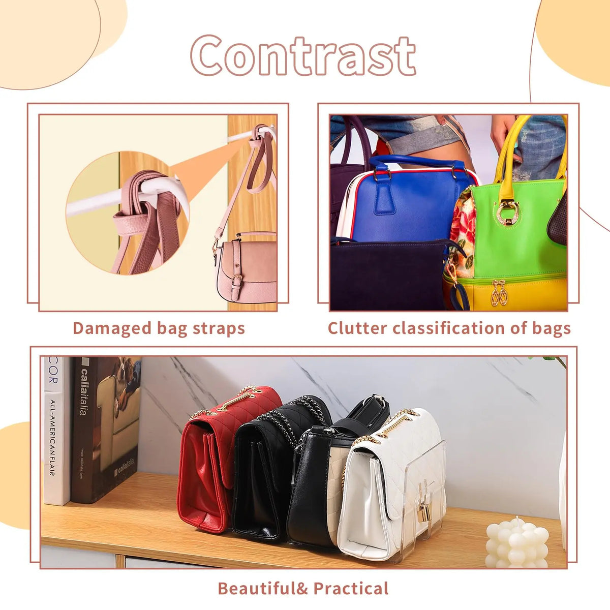 Clear 4-Section Purse Organizer for Closet, Shelf, or Display
