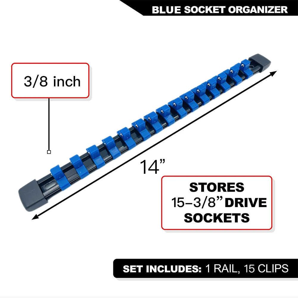 Blue socket organizer rail with 15 clips and a 3/8 inch handle for storing 15-3/8 inch drive sockets.