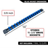 Blue socket organizer rail set with 15 clips for storing 3/8 inch drive sockets.