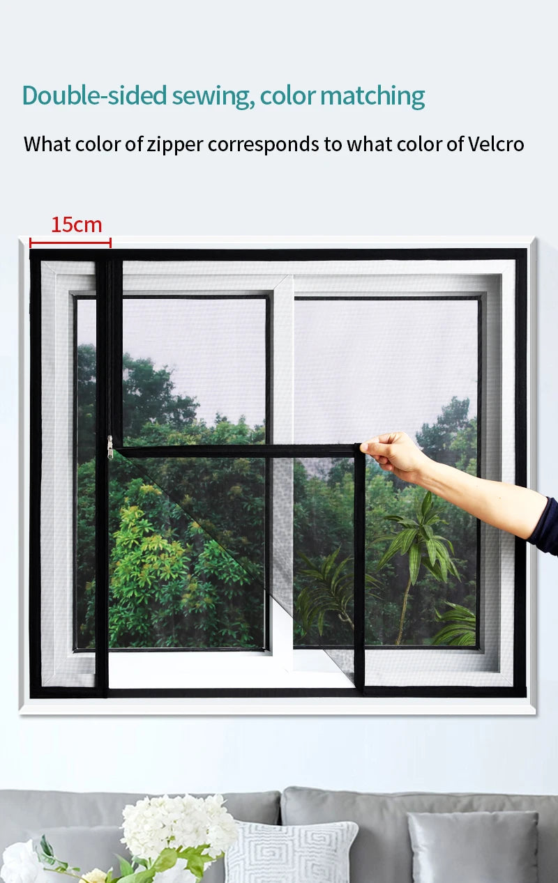 Close-up of a window screen showing double-sided sewing and color matching for a mosquito net window.
