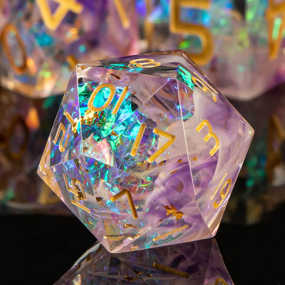 A translucent purple polyhedral die with gold numbers rests on a reflective surface.