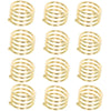 A set of twelve decorative metal napkin rings with a hollow-out pattern, gold in color.