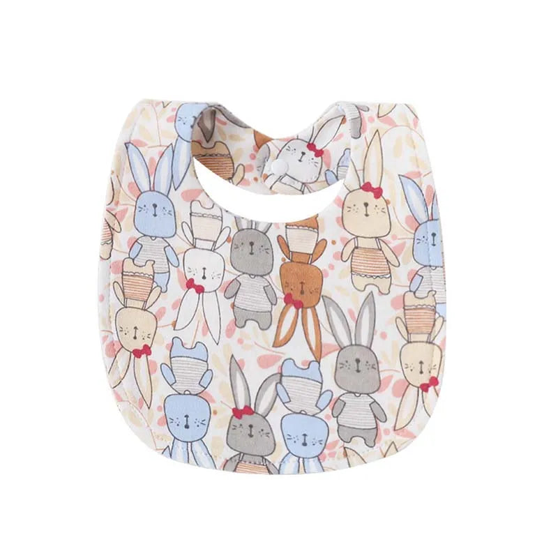 A pack of four soft cotton baby bibs featuring cute cartoon rabbits and other animals.