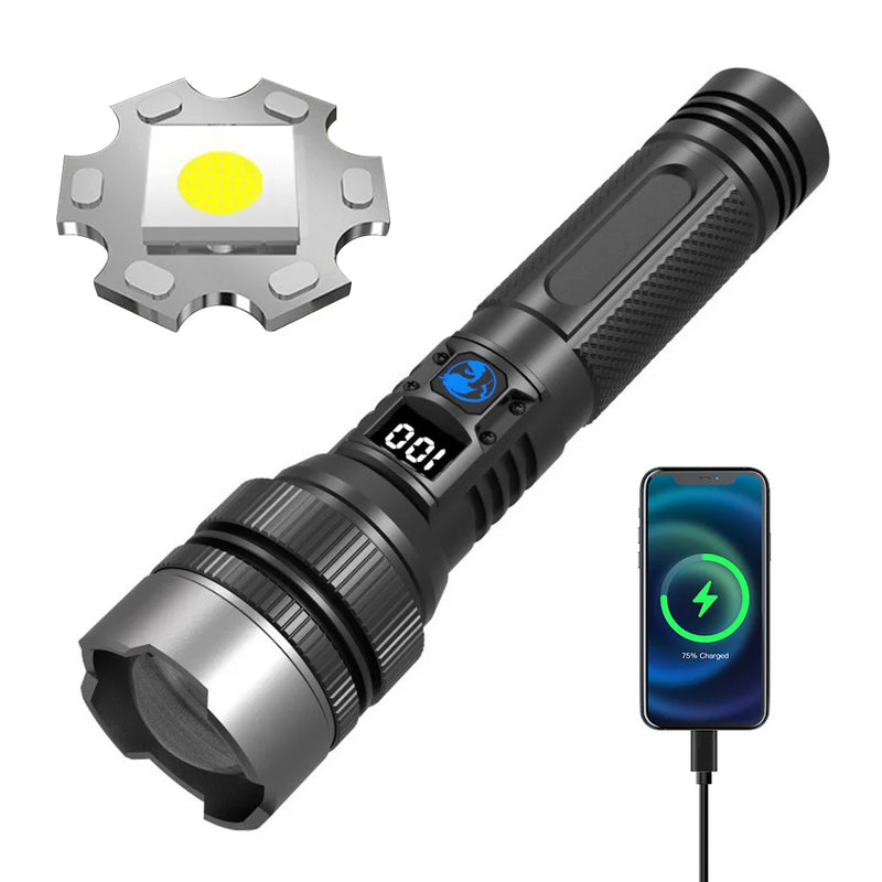 Rechargeable LED Flashlight with Zoom and Battery Display