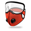 An orange cycling face mask with a clear shield and black accents.