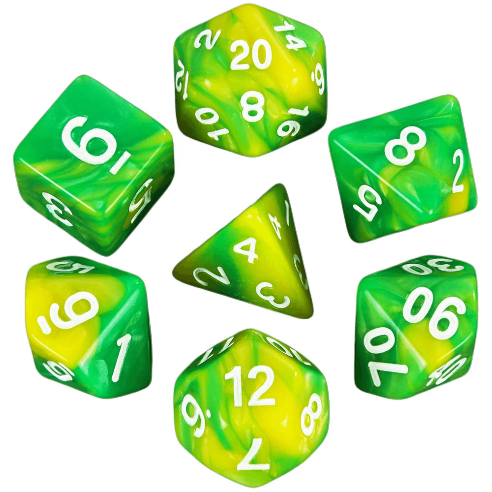 A set of seven green and yellow polyhedral dice showing various numbers.