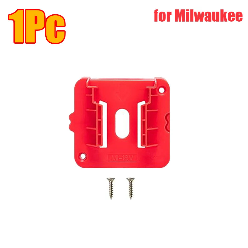 A red wall-mount battery holder with two metal pins is shown for Milwaukee power tool batteries.