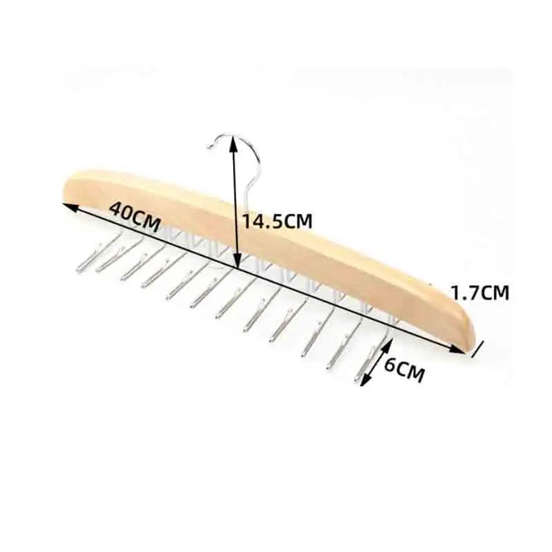 A wooden belt organizer rack with 14 hooks is shown, displaying various sizes of metal hooks.