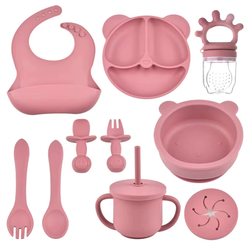 Complete Silicone Baby Feeding Set with Suction Bowl, Plate, Utensils & Bib