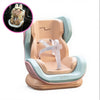 A beige and teal car seat accessory featuring a storage clip and a padded seat for a child.