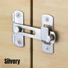 A silvery stainless steel sliding door latch lock installed on a light wood panel.