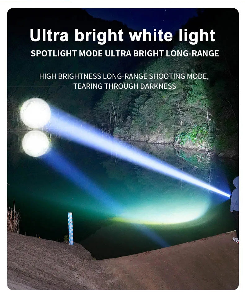 A bright white light from a flashlight illuminates a body of water at night, creating a strong beam.