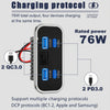 A black portable charger with four ports supporting 76W total output for multiple devices.