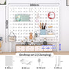 A white desktop pegboard organizer set featuring hooks, shelves, and various tools for organization.