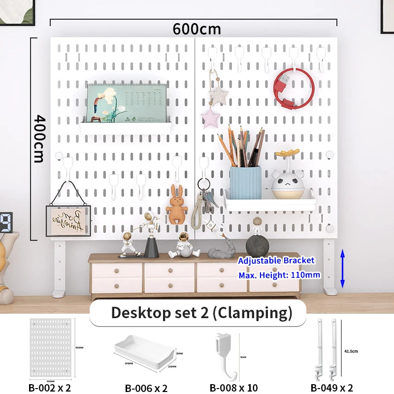 A white desktop pegboard organizer set featuring hooks, shelves, and various tools for organization.