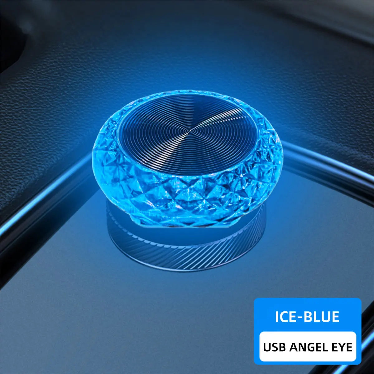 Ice-blue USB Angel Eye LED light illuminating a clear, faceted lens.