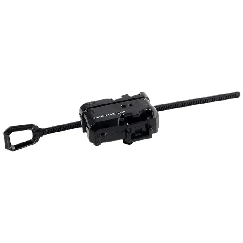 Black metal spinning top battle toy with a launcher.
