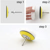 Three steps showing the assembly of a headlight restoration kit with sanding discs and polishing pads