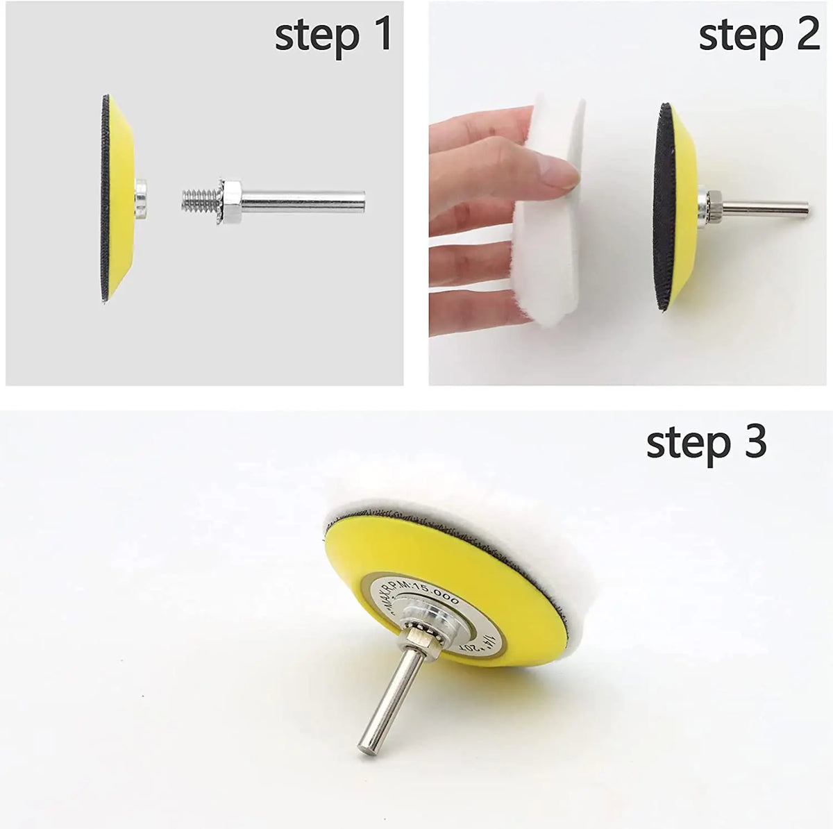 Three steps showing the assembly of a headlight restoration kit with sanding discs and polishing pads