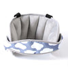 Gray car seat head support strap with a light blue cloud pattern