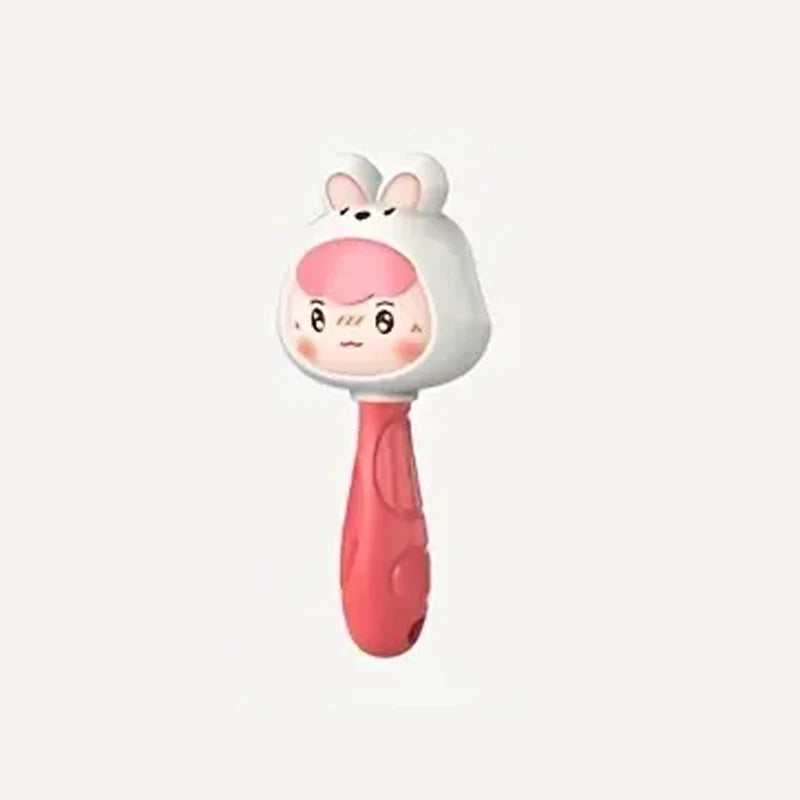 A white cartoon animal rattle toy with pink accents and a pink handle.
