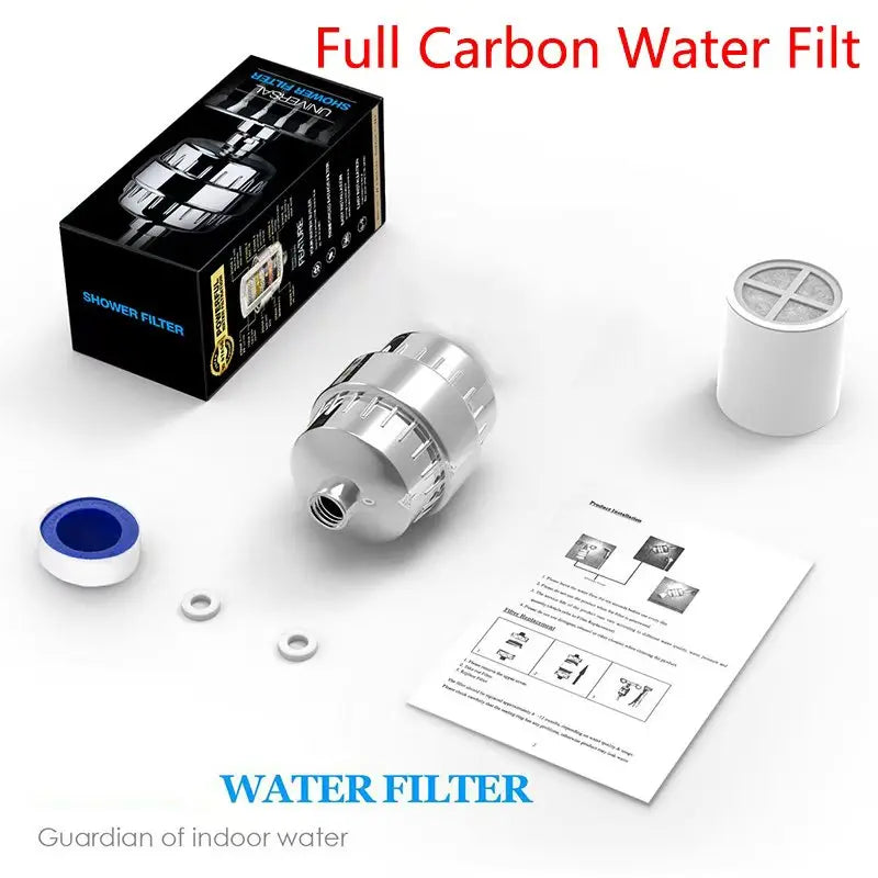A black box and a silver shower filter are shown with product information and a filter diagram.