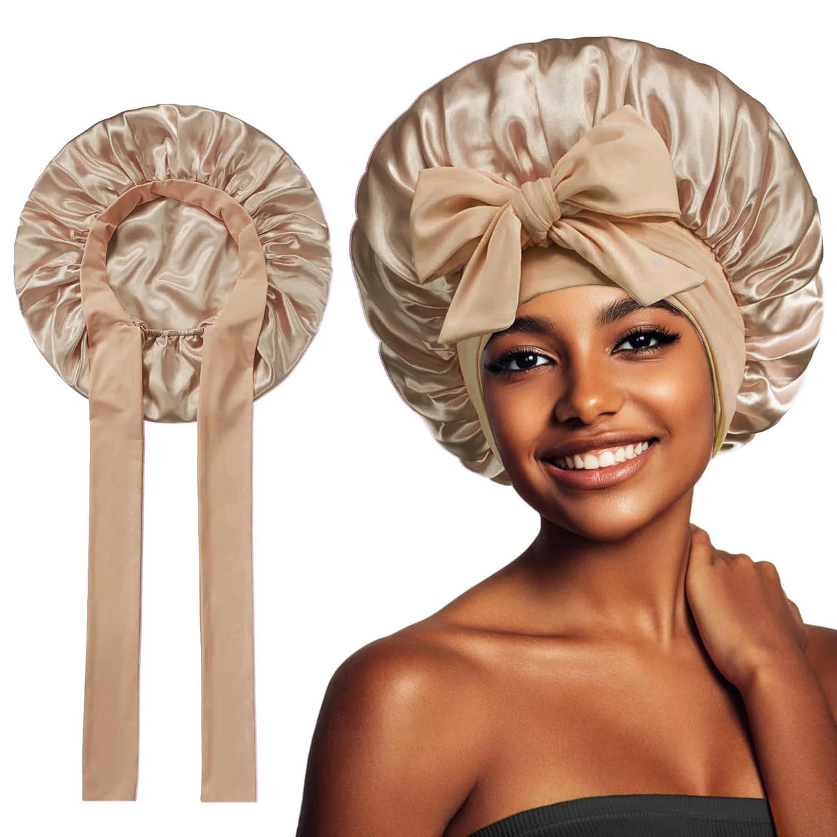 A woman models a beige satin silk sleep bonnet tied in a bow, showing the fabric and style.