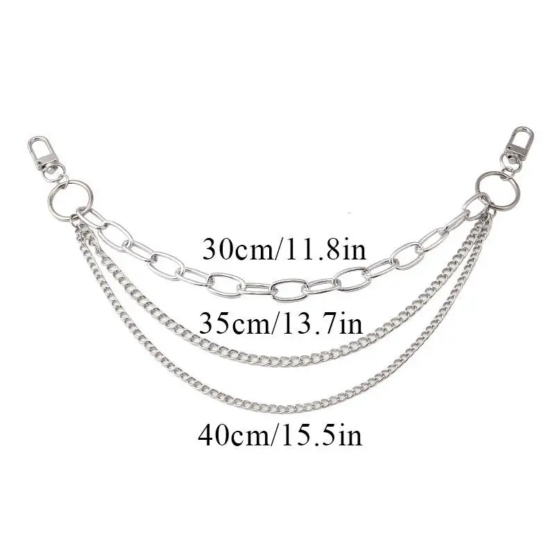 Silver chain accessory featuring three lengths of chain for a bag or jewelry