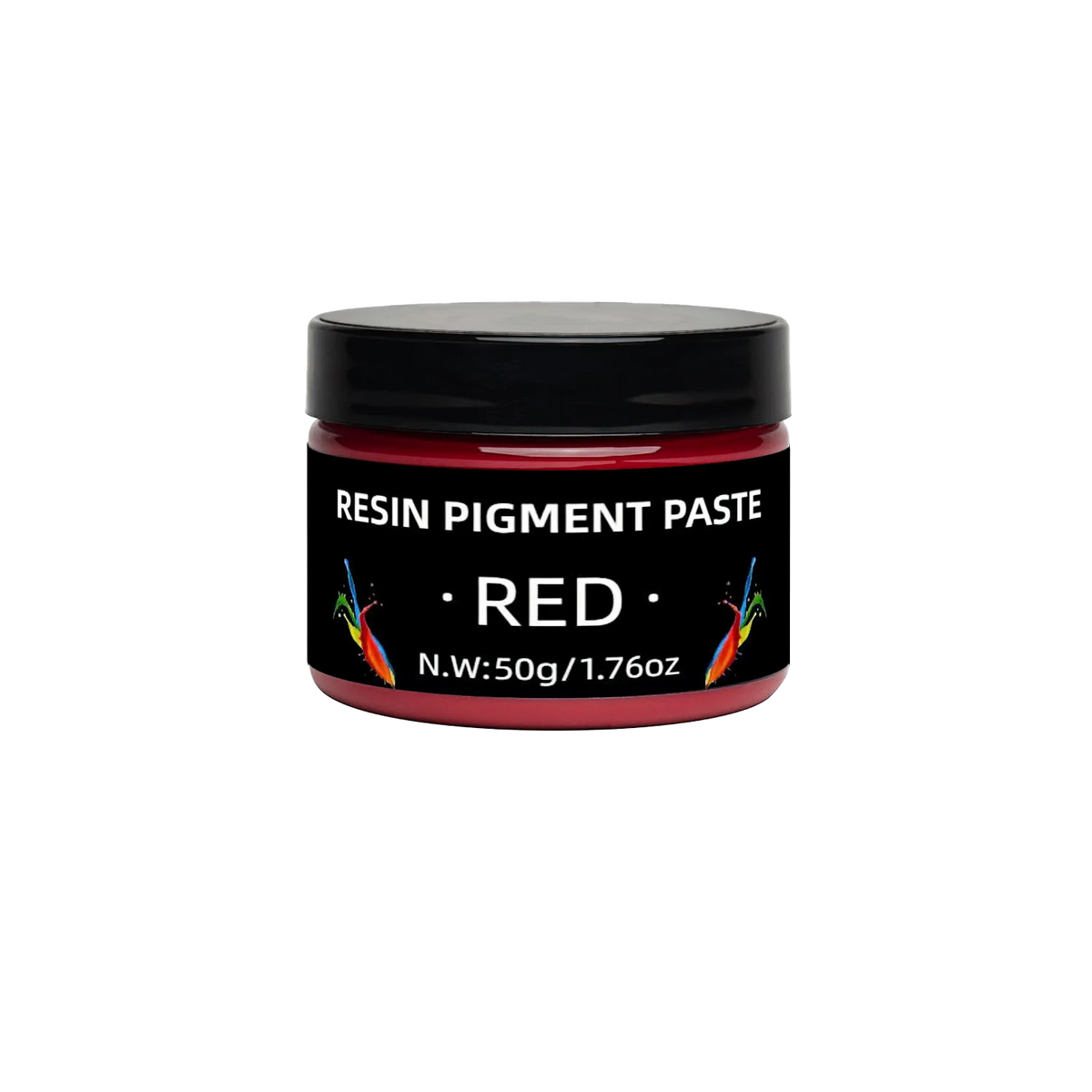 Jar of Red resin pigment paste with a black lid and label indicating net weight 50g/1.76oz