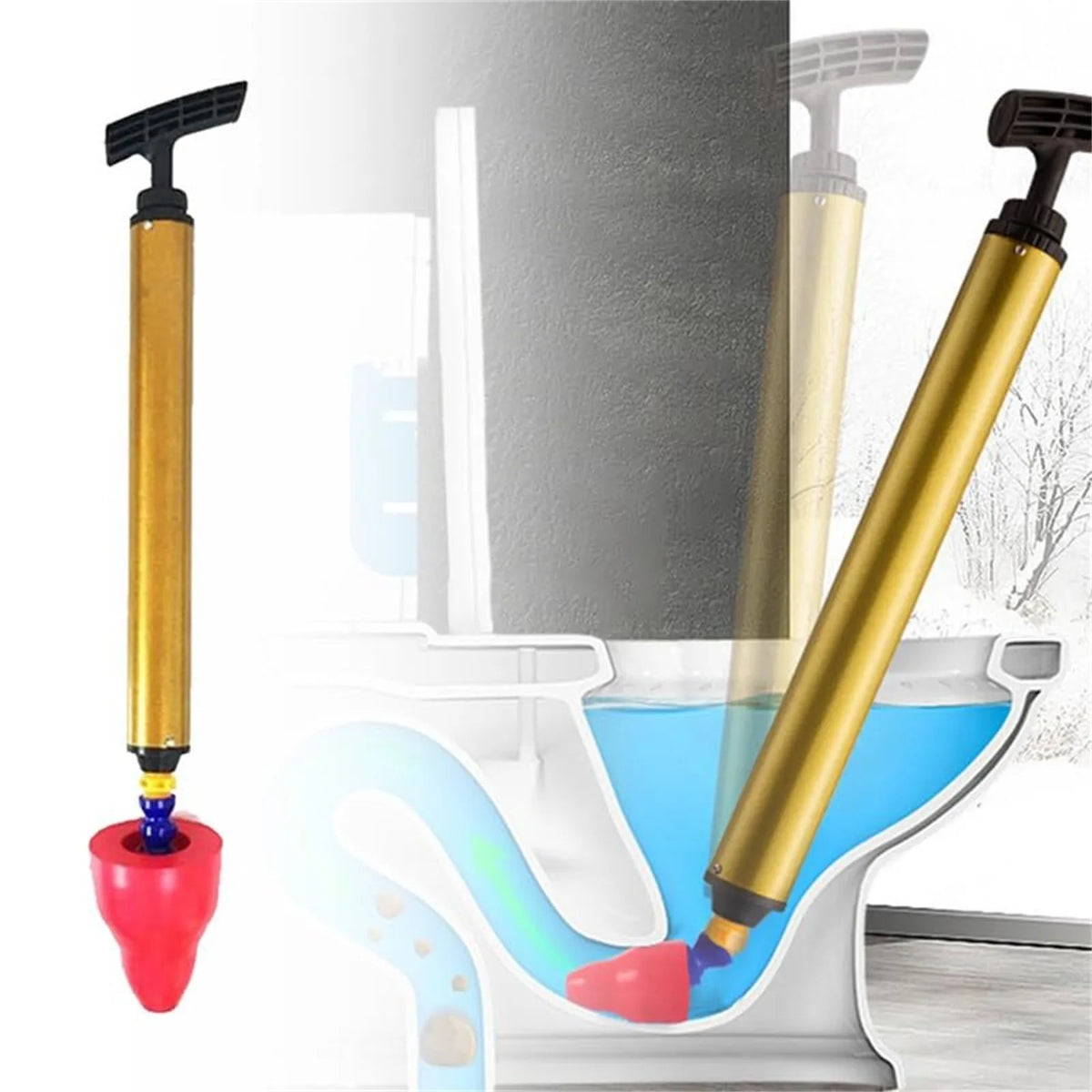 A gold and red high-pressure toilet plunger with a pneumatic pump shown in use in a toilet bowl.