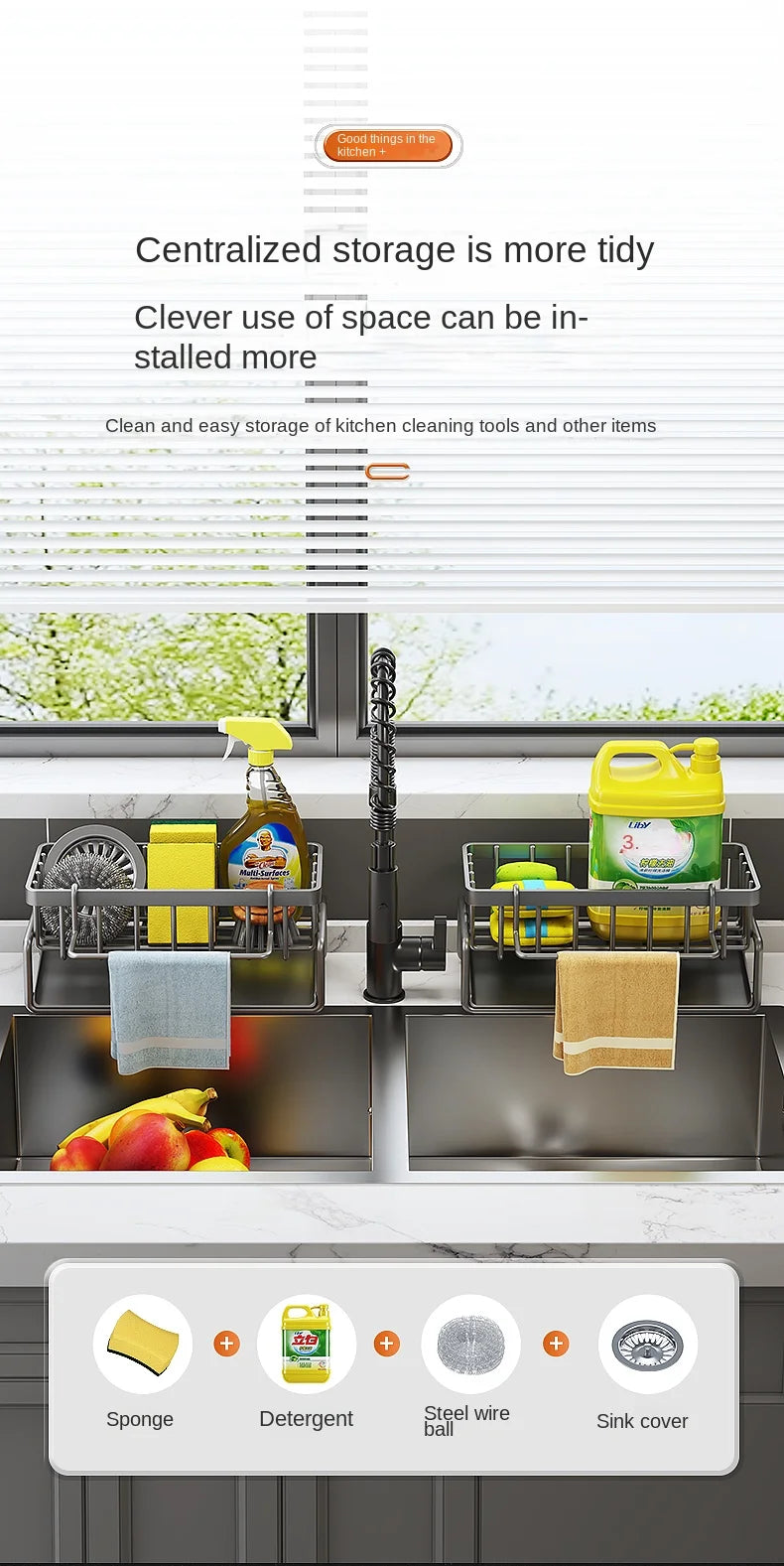 Stainless steel sink organizer with drainage tray holding cleaning tools and kitchen items