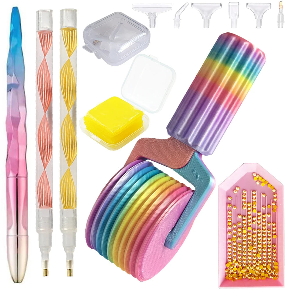 A set of colorful, detachable diamond painting roller tools and accessories.