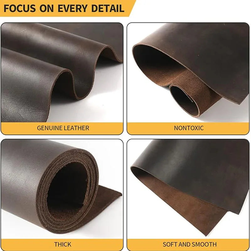Rolls of coffee brown crazy horse leather full-grain cowhide used for crafting, showing thickness and smooth texture.