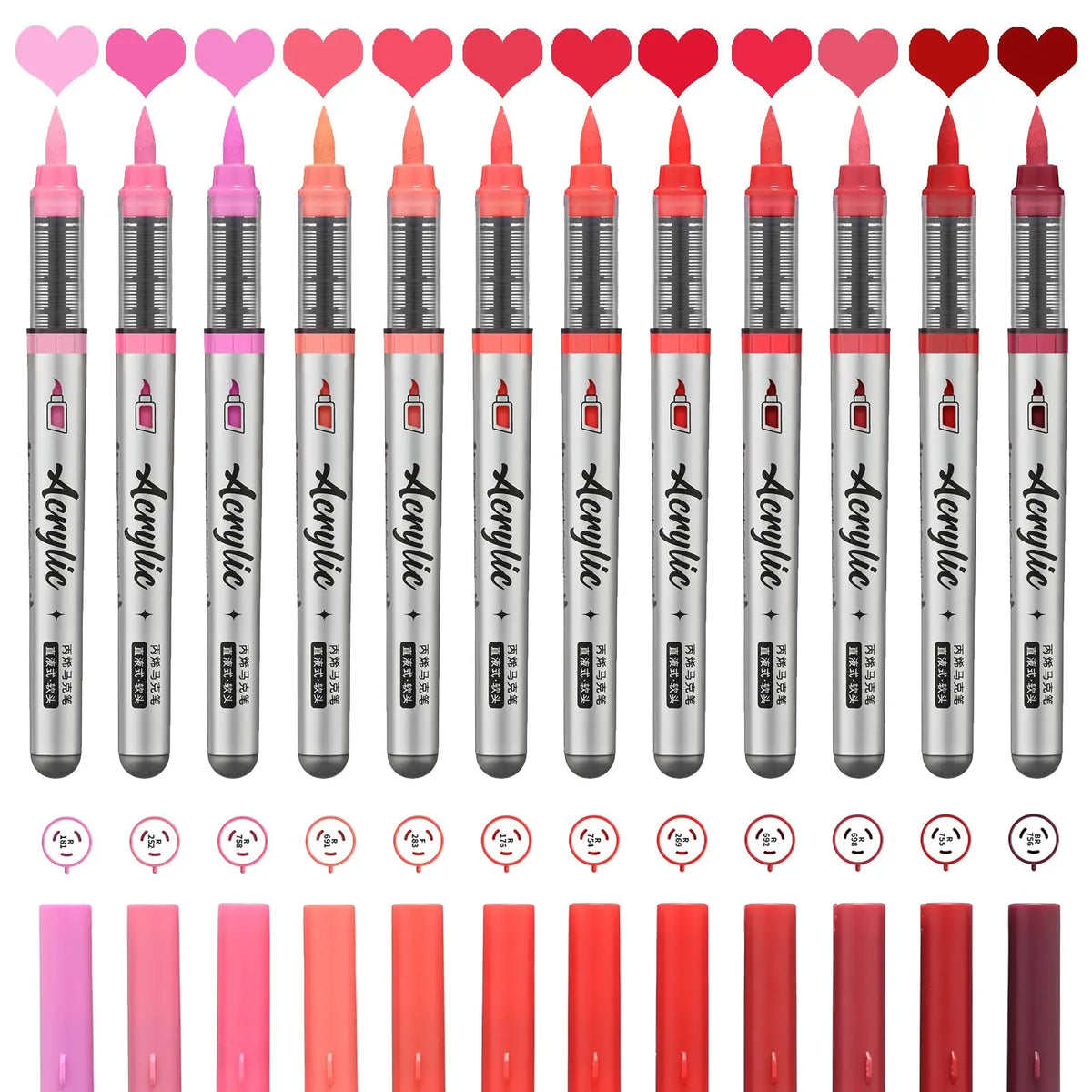 A set of twelve acrylic paint markers with brush tips in various colors, including pinks, reds, and oranges.