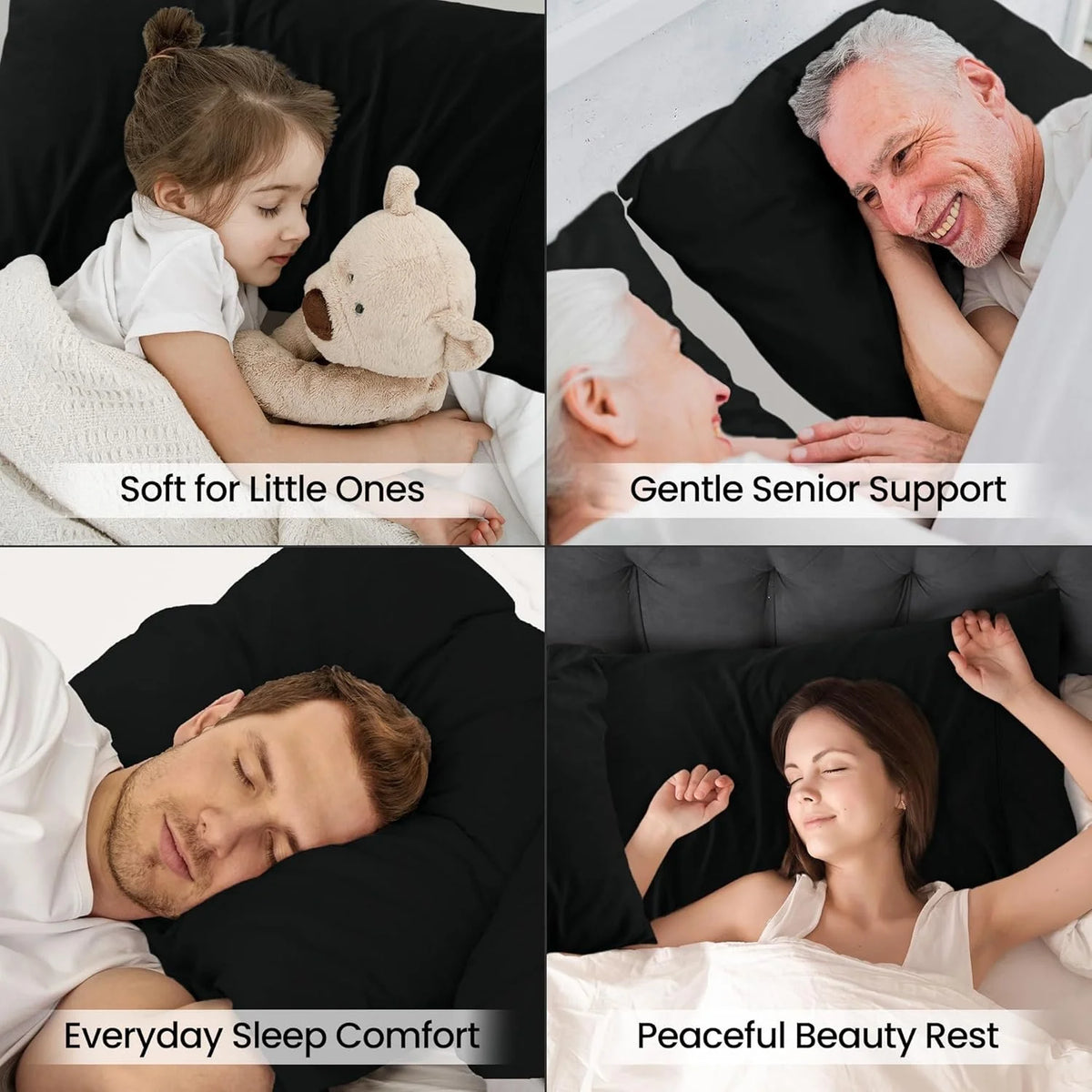 A collage showing various uses of soft microfiber pillowcases for little ones, senior support, everyday comfort, and beauty r