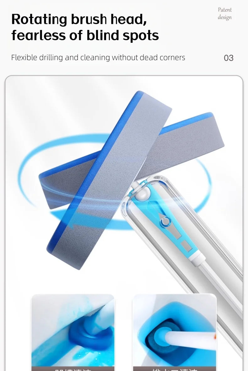 A close-up view of a disposable toilet brush head and holder, showing the flexible bristles and cleaning mechanism.