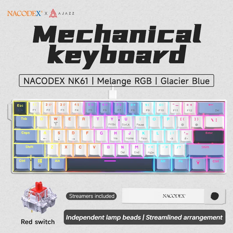 NACODEX NK61 mechanische Tastatur in Melange RGB und Glacier Blue mit unabhängigen Lampperlen