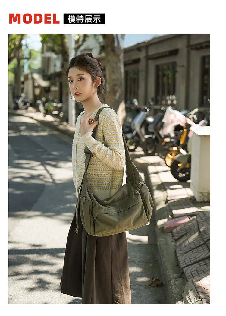 Cotton Canvas Crossbody Bag with Large Capacity