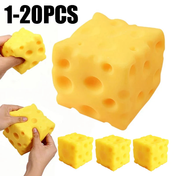 Yellow cheese-shaped squeeze fidget toys in various sizes and quantities