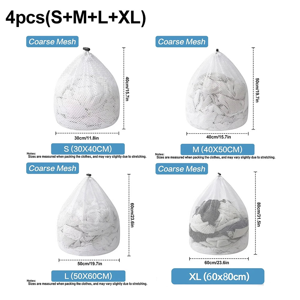 Four mesh laundry bags in sizes S, M, L, and XL with drawstring closures shown side by side.