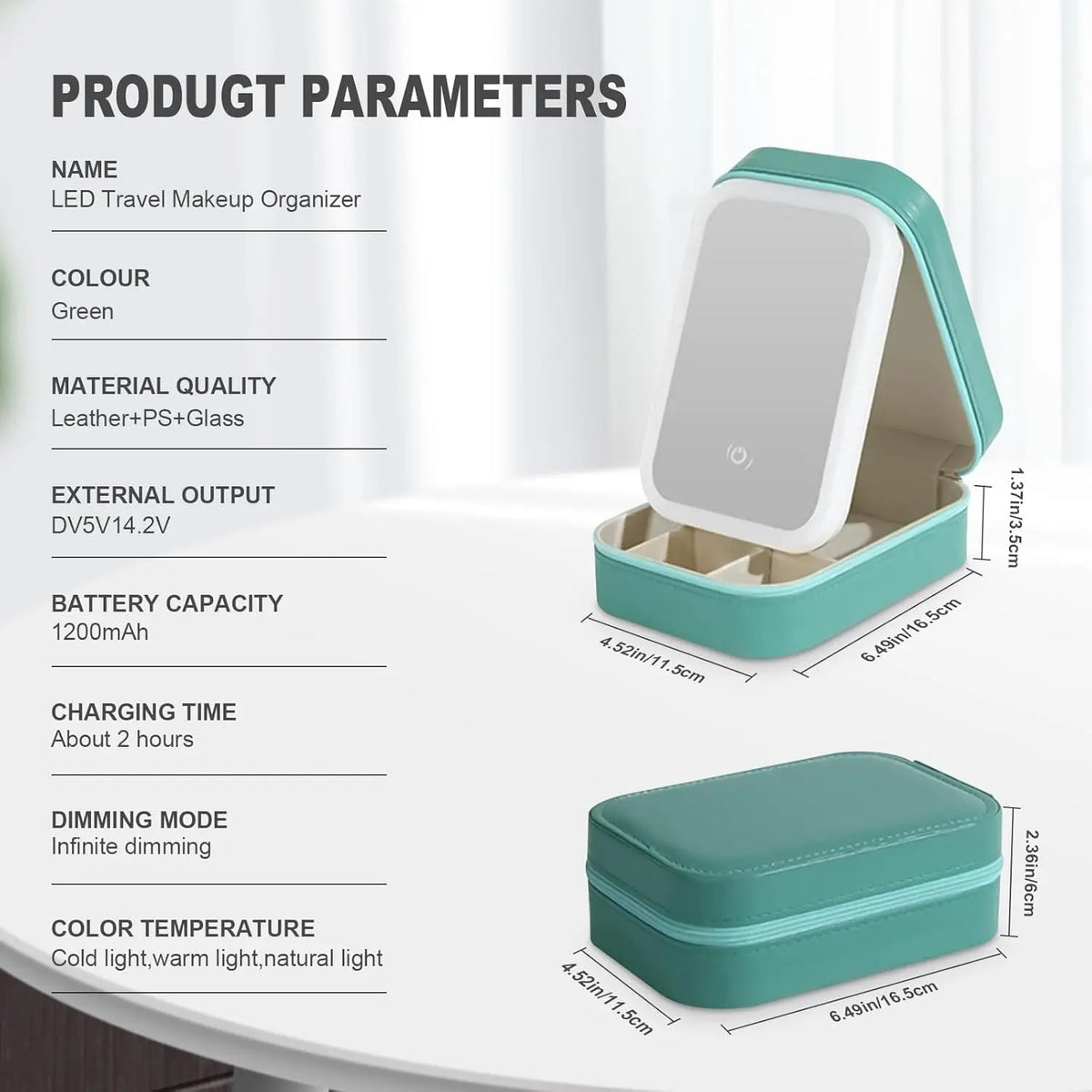 Étui de maquillage voyage avec LED verte, miroir réglable et détails de la batterie.