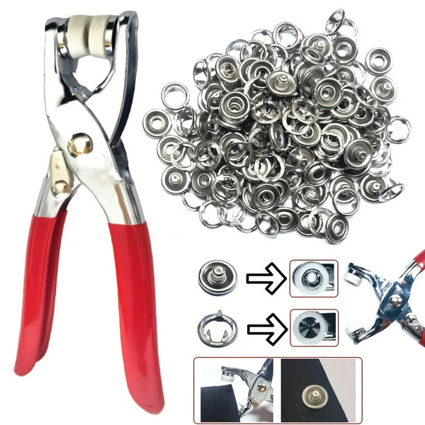 A set of snap fastener tools including pliers, various fasteners, and a button/fabric tool kit.
