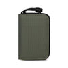 A dark olive green compact RFID wallet with a black strap and waterproof fabric.