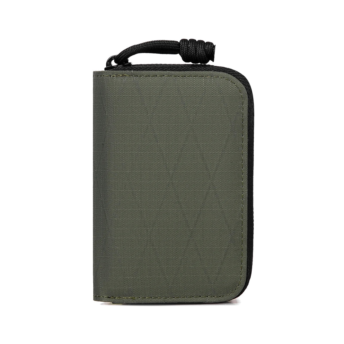 A dark olive green compact RFID wallet with a black strap and waterproof fabric.