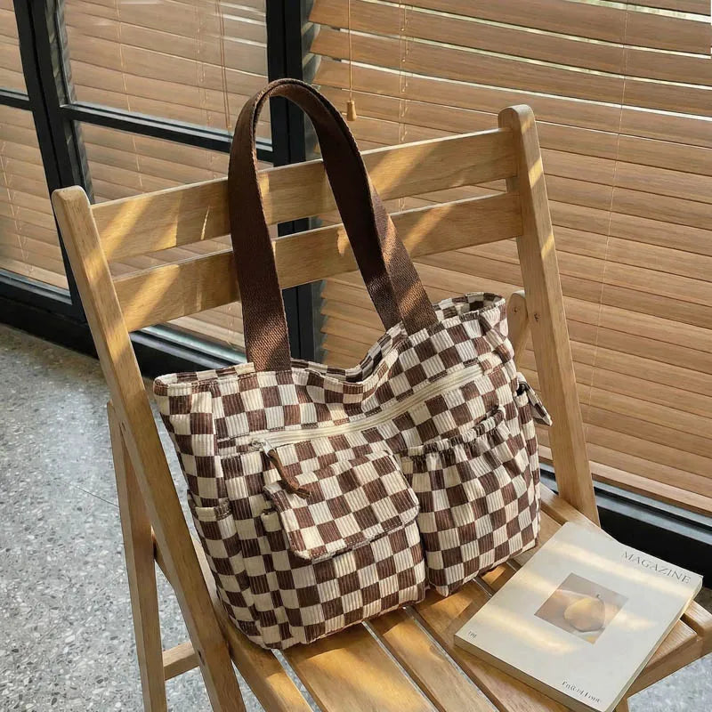 Corduroy Checkerboard Tote Bag with Multiple Pockets
